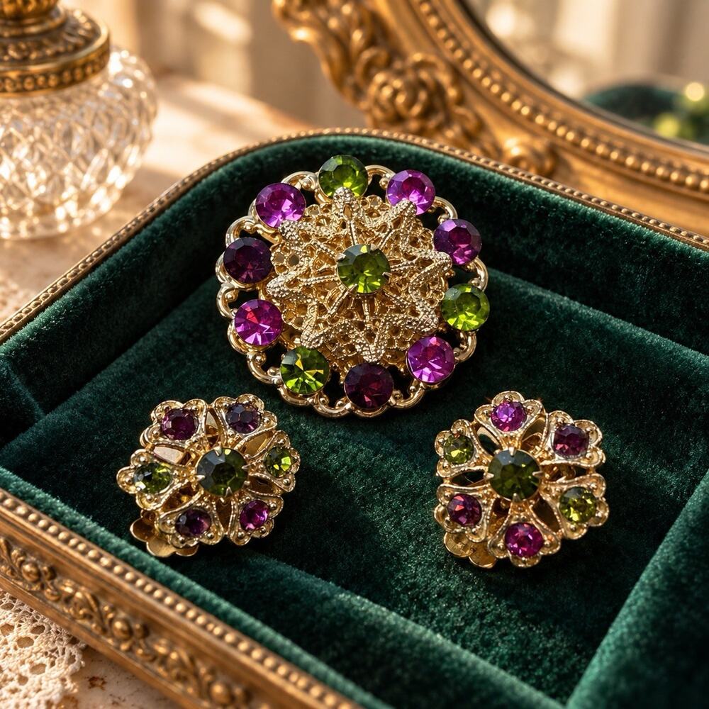 Purple Green Rhinestone Floral Brooch & Clip Earrings Jewelry Set
